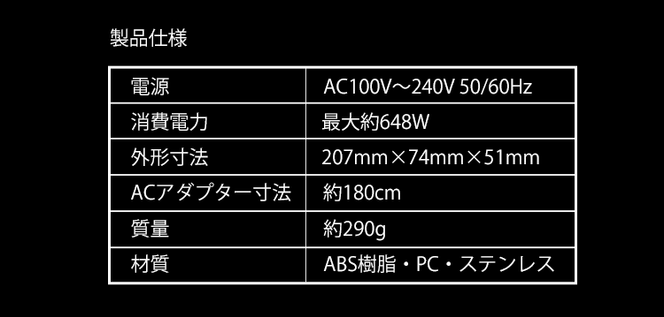 製品仕様 電源:AC100V～240V 50/60Hz 消費電力:最大約648W 外形寸法:207mm×74mm×51mm ACアダプター寸法:約180cm 質量:約290g 材質: ABS樹脂・PC・ステンレス
