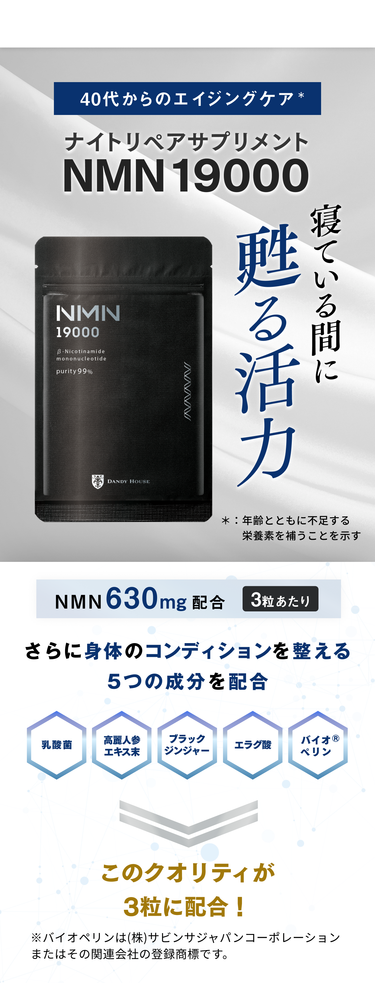 40代からのアンチエイジング、ナイトリペアサプリメントNMN19000、寝ている間に甦る活力、長寿遺伝子群を活発化、NMN630mg配合、3粒あたり、さらに腸内環境改善、活力改善、脂肪燃焼促進成分配合、乳酸菌、高麗人参エキス末、ブラックジンジャー、エラグ酸、このクオリティが3粒に配合！
