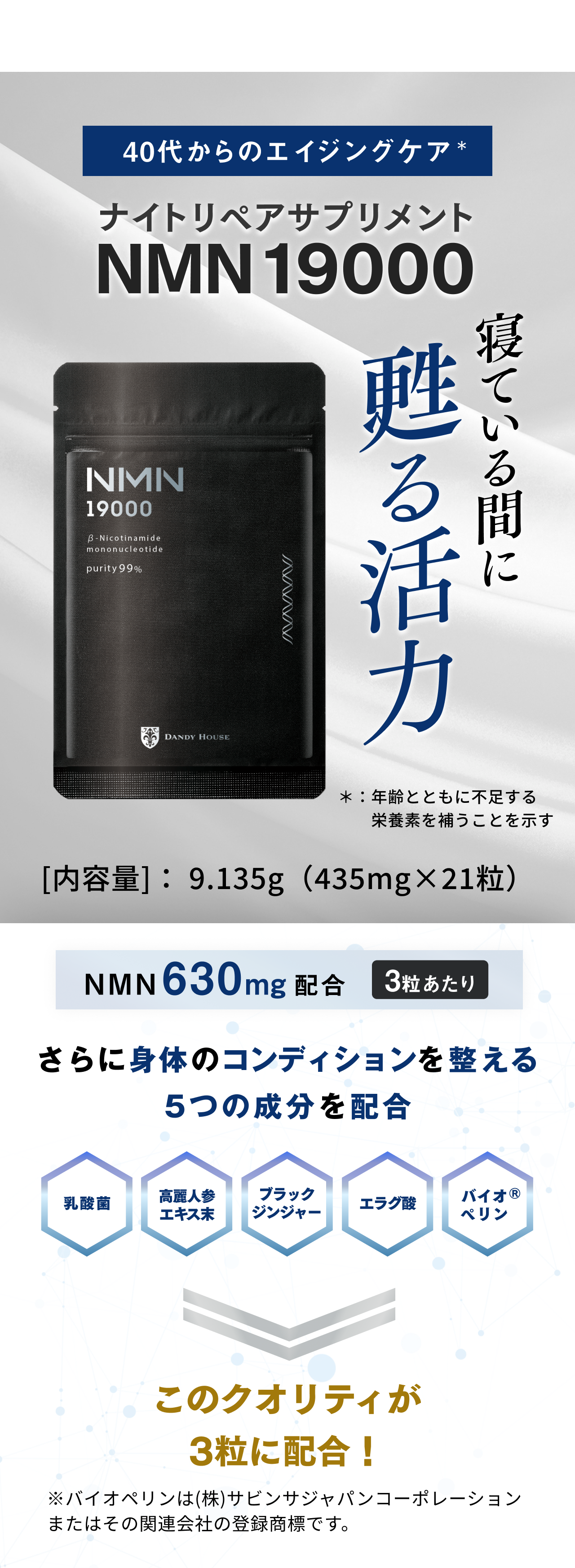 40代からのアンチエイジング、ナイトリペアサプリメントNMN19000、寝ている間に甦る活力、長寿遺伝子群を活発化、NMN630mg配合、3粒あたり、さらに腸内環境改善、活力改善、脂肪燃焼促進成分配合、乳酸菌、高麗人参エキス末、ブラックジンジャー、エラグ酸、このクオリティが3粒に配合！