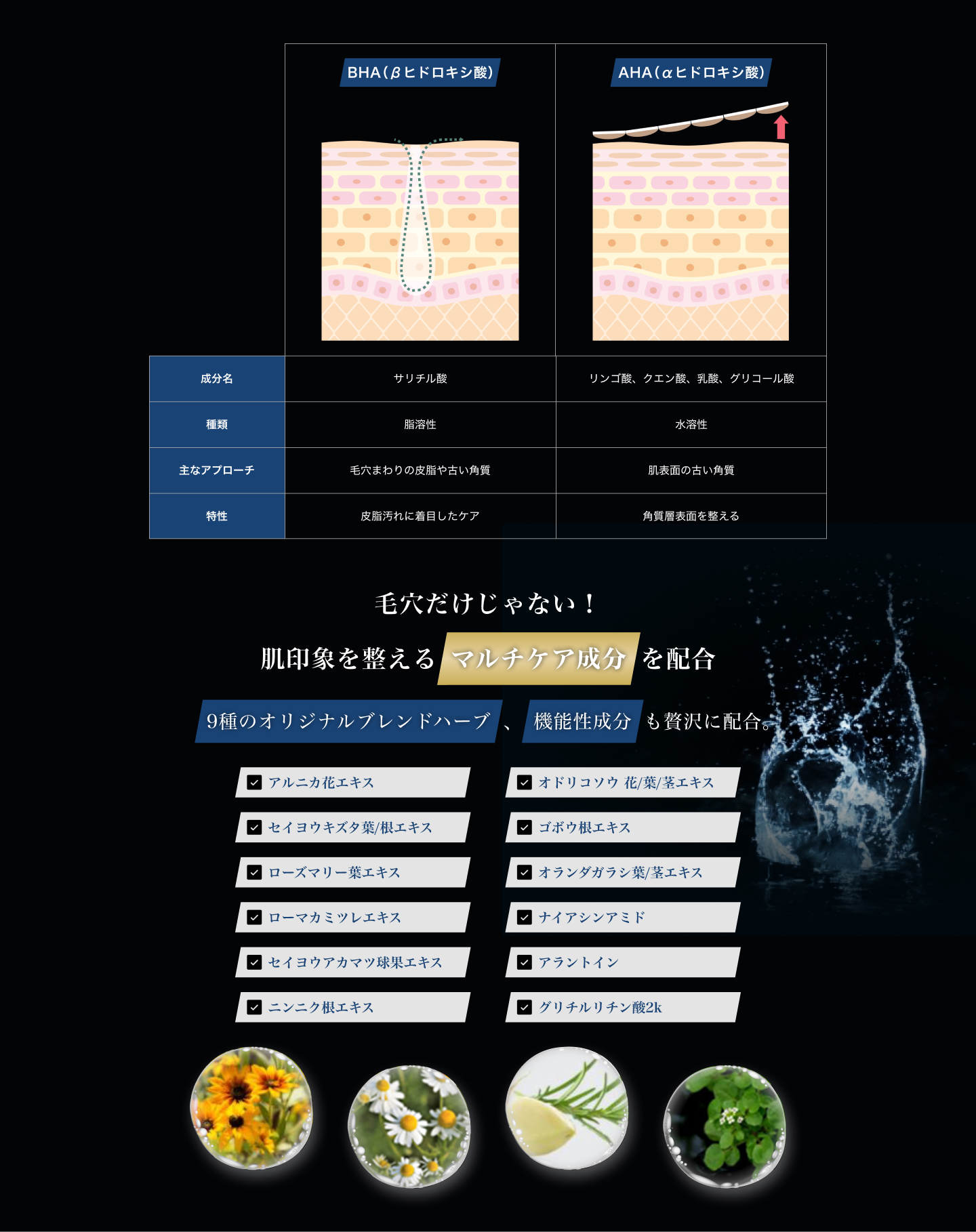 BHA（βヒドロキシ酸）とAHA（αヒドロキシ酸）を配合し、角質に着目。さらに12種類のマルチケア成分も配合。毛穴だけじゃない！肌印象を整えるマルチケア成分を配合