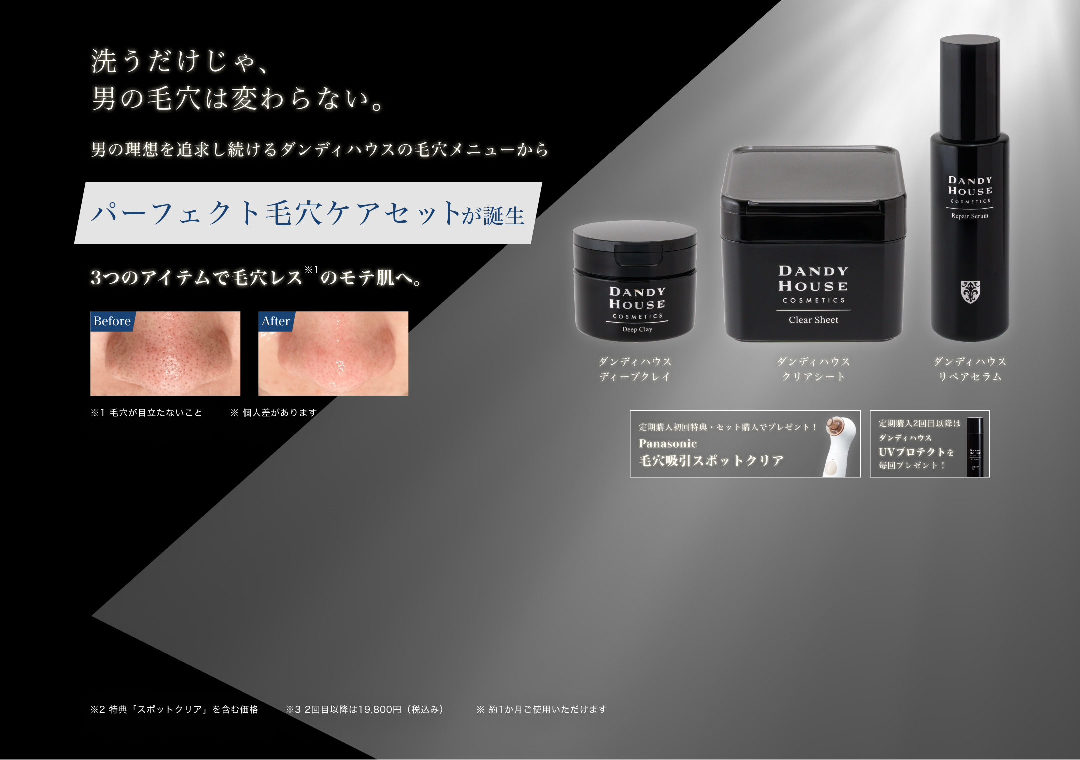 洗うだけじゃ、男の毛穴は変わらない。男の理想を追求し続けるダンディハウスの毛穴メニューからパーフェクト毛穴ケアセットが誕生 3つのアイテムで毛穴レスのモテ肌へ。